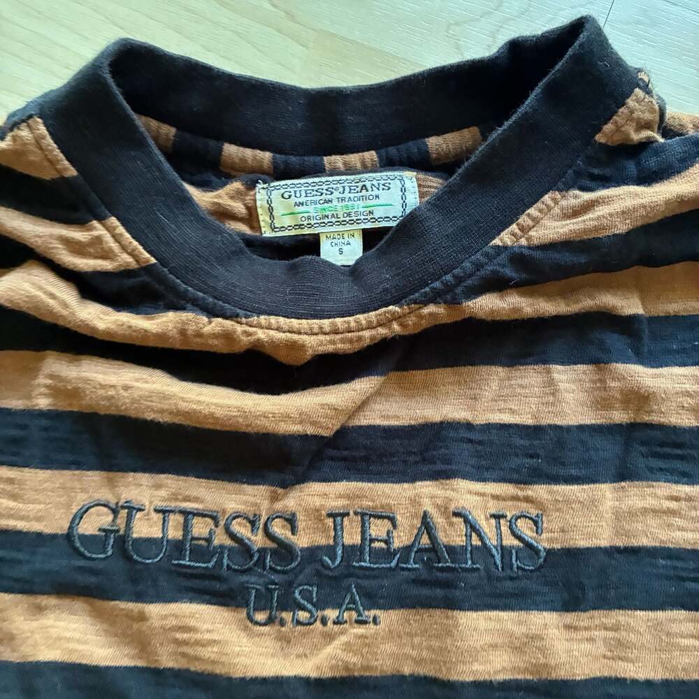 Guess Jeans USA Striped Crewneck T-Shirt Brown and Black - Picture 2 of 6